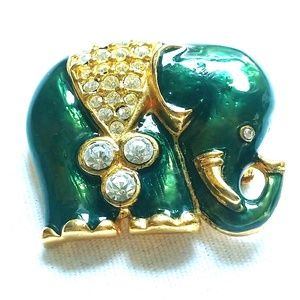 Vintage Jeweled Elephant Brooch Green Enamel Bling